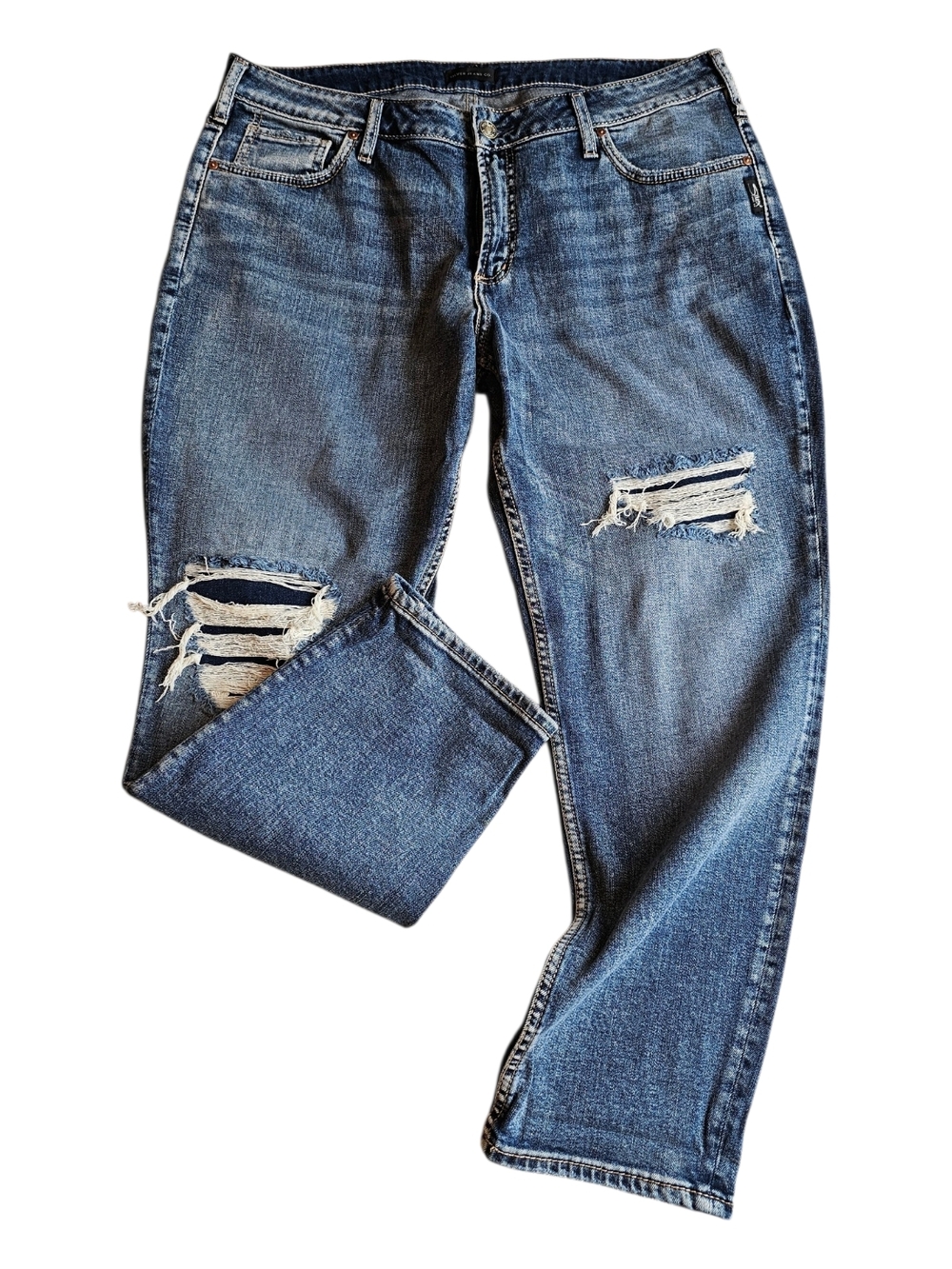 Silver Jeans Co Boyfriend Jeans Womens 14x27 Distressed Medium Wash Relaxed Fit